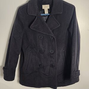 LL Bean Peacoat Womens Sz 8 Petite Black Thinsulate Lambswool Double Breasted